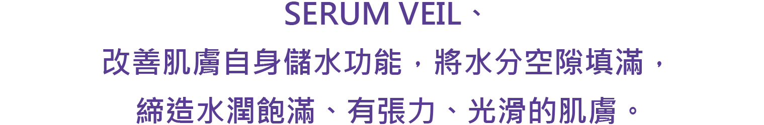 SERUM VEIL、
改善肌膚自身儲水功能，將水分空隙填滿，締造水潤飽滿、有張力、光滑的肌膚。