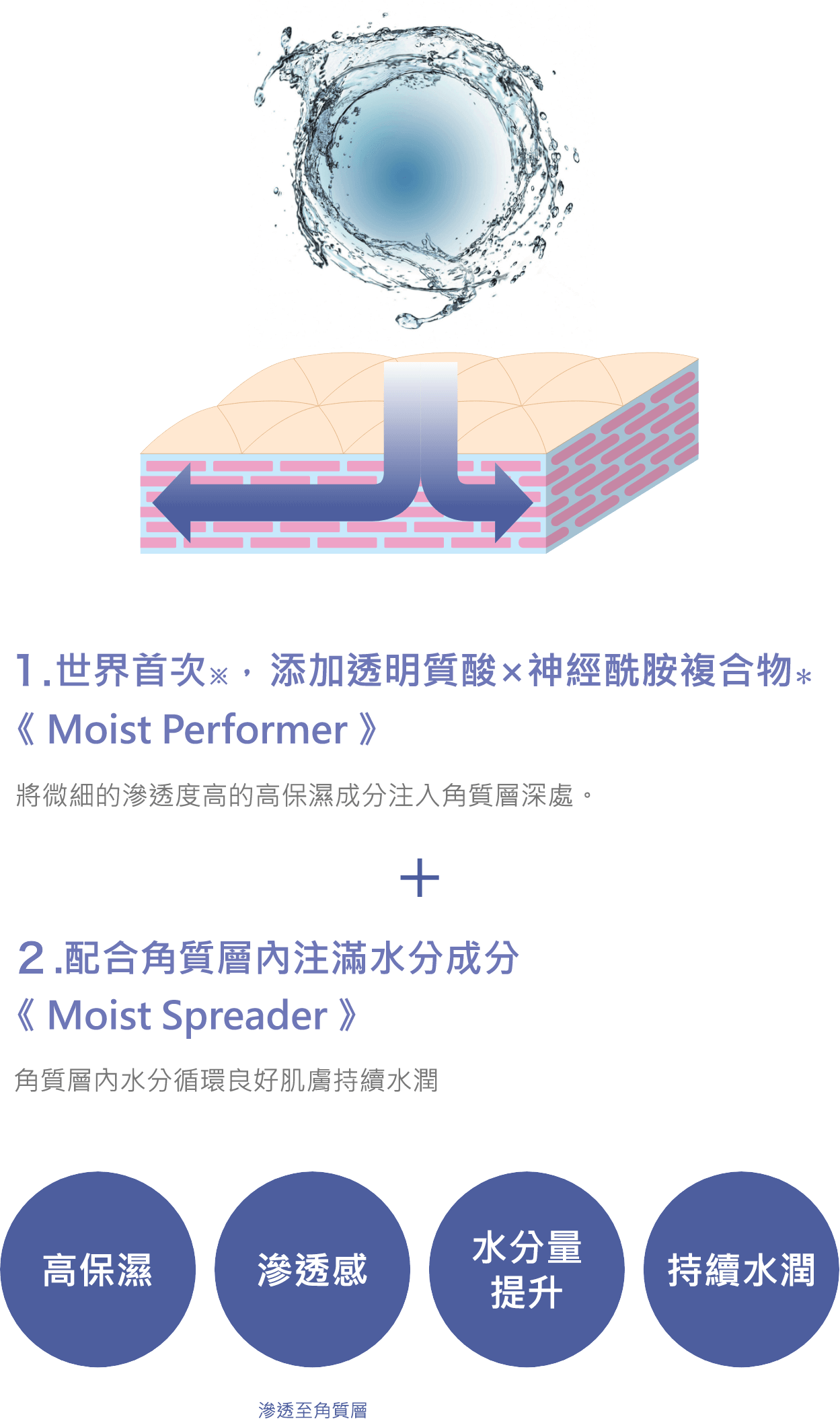 1.世界初、ヒアルロン酸×セラミド複合体＜モイストパフォーマー＞配合 ２.角層内をうるおいで満たす＜モイストスプレッダー＞配合